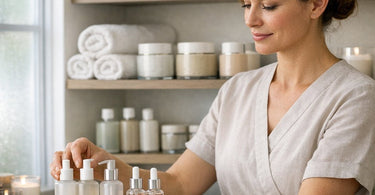 A collage of various spa and salon supplies including wax, towels, and nail products, representing smart substitutions for cost savings.