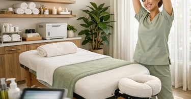 Spa therapist smiling while organizing a treatment room with new equipment, showcasing a stress-free workflow to reduce burnout.