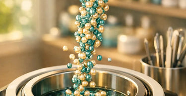 A close-up of a professional holding a spatula with melted hard wax beads, symbolizing efficiency and reduced waste in a salon setting.