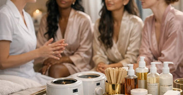 A smiling group of bridesmaids in robes relaxing together in a luxurious spa setting before a wedding
