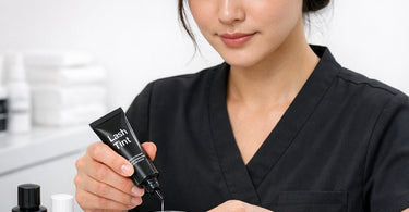 Before and after results showing how to safely tint lashes after a keratin lash lift treatment with professional products.