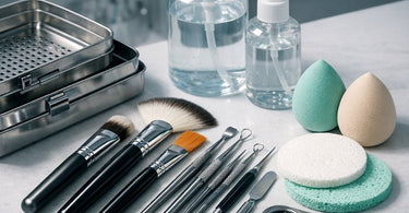A collection of clean and sanitized facial brushes and metal esthetician tools laid out on a clean, spa-like countertop, ready for the next client.
