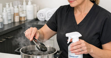 Professional sanitizing natural river stones on a clean white towel with protective gloves