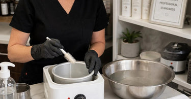 Close up of a professional non-disposable waxing pot being sanitized with natural oil showing clean shiny surface