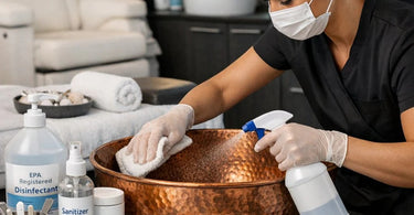 A professional esthetician sanitizing a hammered non-plumbed copper pedicure bowl using a soft sponge and cleaning solution in a modern spa setting.