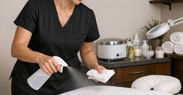 Sanitizing porous professional beauty tools like brushes and files without damage using sprays on a clean workstation