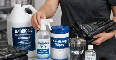 Salon professional sanitizing a plastic combing cape with disinfectant spray on a clean work station