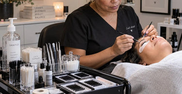 Organized lash artist workstation with lash tile, tweezers, adhesive, and supplies for faster eyelash extension fills