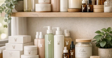 Cruelty-free beauty products arrangement featuring waxing supplies, skincare bottles, and professional tools on a marble surface