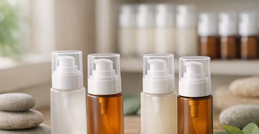 Professional sample-size airless pump bottles for spa and salon try-before-you-buy programs, neatly arranged on a spa tray.