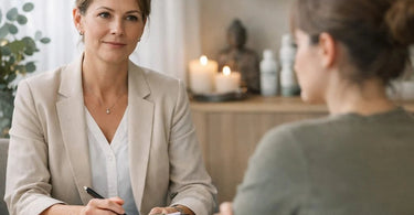 Spa owner interviewing a candidate while taking notes, with subtle red flag visual cues in the background representing problematic hiring signs