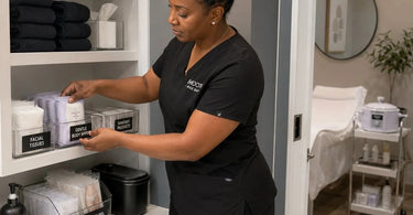 A spa restroom stocked with luxurious white towels, a robe, and spa essentials for a relaxing and professional client experience.