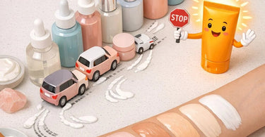 A split image showing a hand with sunscreen pilling into small white balls on one side, and a hand smoothly applying sunscreen with a flawless finish on the other, with spa products and a retail display in the soft-focus background.