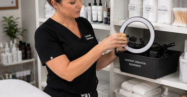Organized storage solution for salon and spa supplies, separating content creation tools from clean professional products on a stylish shelf.