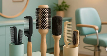 Professional hair brushes and combs organized neatly for salon use