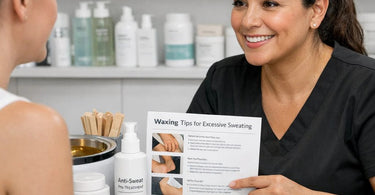 Professional esthetician applying anti-sweat powder to a client's underarm before waxing