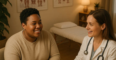 Therapist showing client how to discuss massage therapy with their doctor for insurance coverage