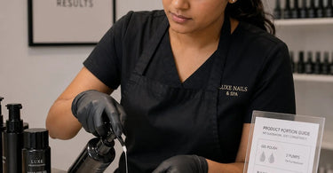 A professional spa therapist demonstrating proper portion control for products to a team member
