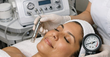 Technician testing the suction power of a professional microdermabrasion machine with a gauge
