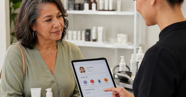 A modern, organized salon checkout counter featuring a tablet displaying a client profile with a clear visual alert for a sensitivity, alongside Pure Spa Direct professional products.