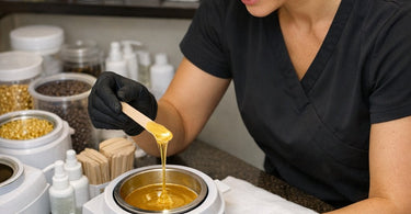Esthetician training on hard wax application speed and efficiency using professional wax warmer and spatula at Pure Spa Direct