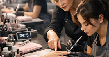 A professional nail technician trainer guiding a new trainee on proper nail filing technique at a well-lit salon station.