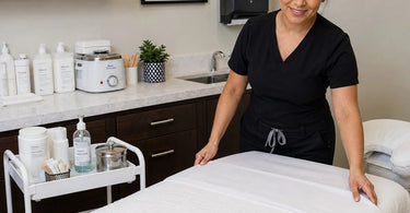 Spa professional demonstrating proper cleaning and sanitation techniques on a facial bed, highlighting Pure Spa Direct's commitment to training staff on cleanliness standards.