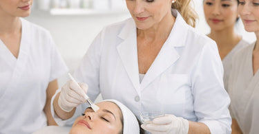 A licensed esthetician carefully applying a professional chemical peel to a client's face in a clean, modern spa treatment room