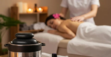 Massage therapist offering add-on treatments to relaxed client in spa setting