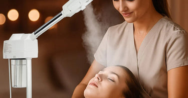 Professional facial steamer emitting gentle warm mist during a spa treatment