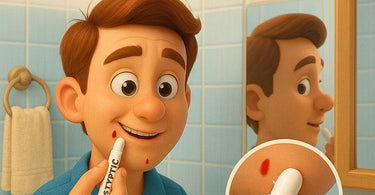 Professional using a styptic pencil to treat a small cut during a beauty service