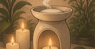 Aroma Stone Warmer on a spa table with essential oils and dried lavender, creating a serene atmosphere