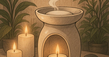 Aroma Stone Warmer on a spa table with essential oils and dried lavender, creating a serene atmosphere