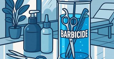 Professional Barbicide jar with tools for salon and spa disinfection