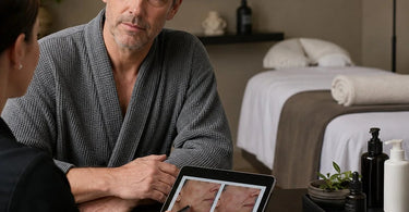 A split graphic showing a before and after spa treatment with clients feeling comfortable and relaxed, emphasizing the importance of consent and professional presentation in beauty marketing.