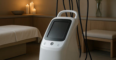 Professional using a cavitation machine for body contouring treatment in modern spa setting