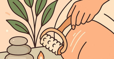 Professional cellulite massage roller on spa towel with body oil and sugar scrub