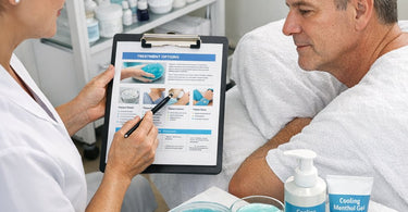 Professional applying cooling menthol gel to client's shoulder with proper technique to avoid over-chilling