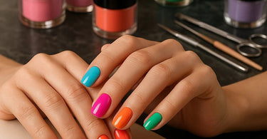 Close-up of a nail technician applying vibrant dip powder to a client's nails for a flawless manicure