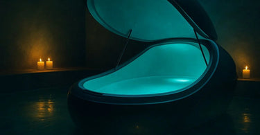 Professional floatation tank in a modern spa setting, showing serene blue lighting and peaceful environment for sensory deprivation therapy