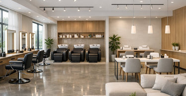 Stylish salon furniture arrangement defining separate zones for waiting, styling, and nail services in a large, open-concept salon interior.