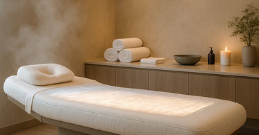 Professional heated massage table in a spa setting with soft lighting and folded towels