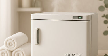 Professional hot towel cabinet for spas and salons with neatly folded warm towels ready for treatments