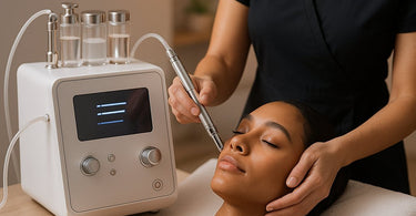 Professional using microdermabrasion machine on client for flawless skin exfoliation
