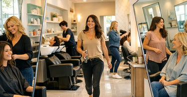 Mirrors used strategically to guide client movement and workflow in a modern hair salon interior
