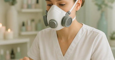 Professional nail technician wearing dust mask while performing acrylic nail service