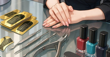 Professional nail technician applying nail extension forms for perfect acrylic nails