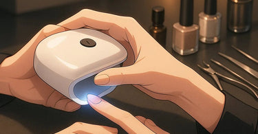 Professional nail technician using a nail glue dryer for flawless nail application