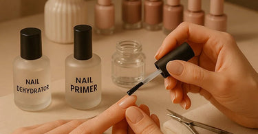 Nail primer and dehydrator bottles with brush application on a manicured hand