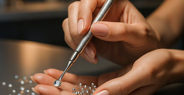 Professional nail technician using a rhinestone applicator to place sparkling gems on a client's nails